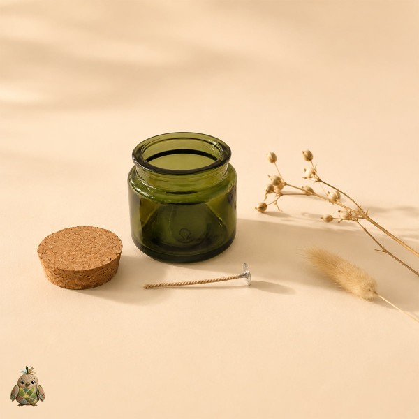 Set borcan din sticla verde 100 ml cu capac din pluta si fitil pentru lumanare