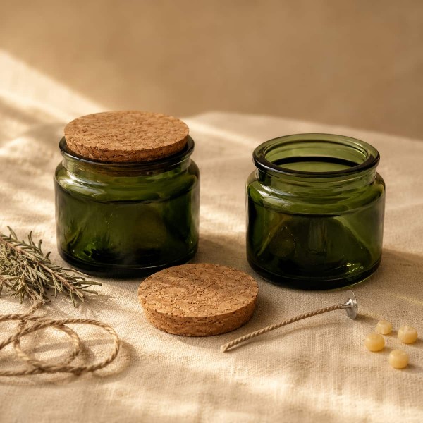 Set borcan din sticla verde 100 ml cu capac din pluta si fitil pentru lumanare