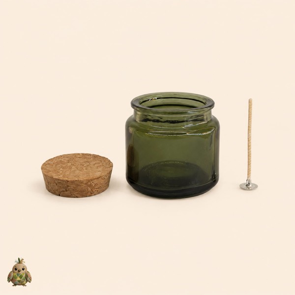 Set borcan din sticla verde 100 ml cu capac din pluta si fitil pentru lumanare