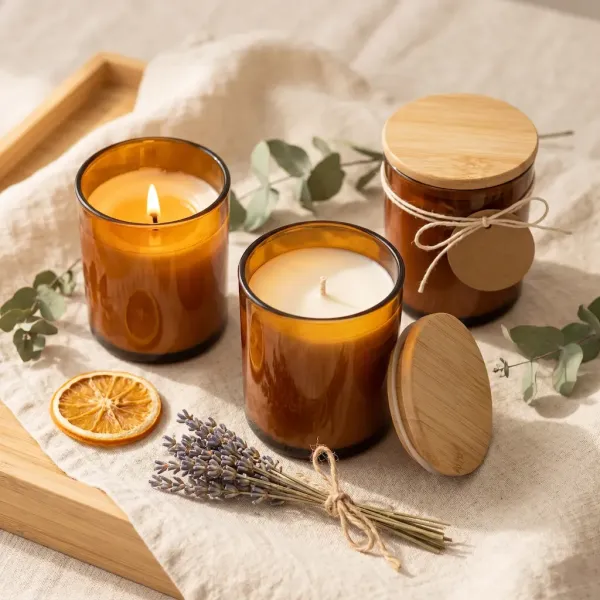 Borcane sticla ambra pentru lumanari - Capac bambus natural Borcane sticla ambra pentru lumanari - Capac bambus natural