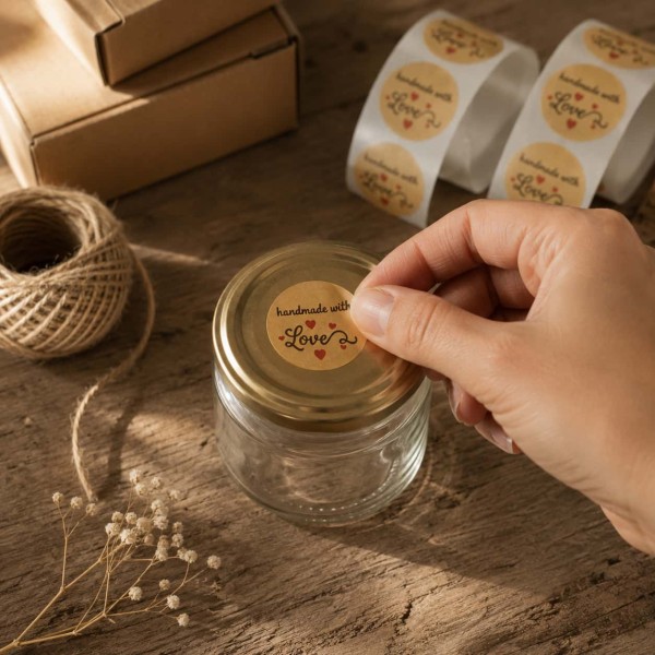 Stickere rotunde Handmade with Love, aspect kraft – 2,5 cm / 1 inch