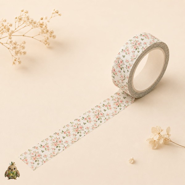 Banda washi decorativa 15 mm Spring Rose - trandafiri roz pe fundal crem Banda washi decorativa 15 mm Spring Rose - trandafiri roz pe fundal crem