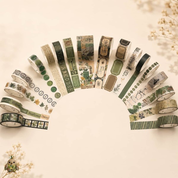 Set banda washi decorativa Botany Imprint – 18 role colectie botanica retro Set banda washi decorativa Botany Imprint – 18 role colectie botanica retro