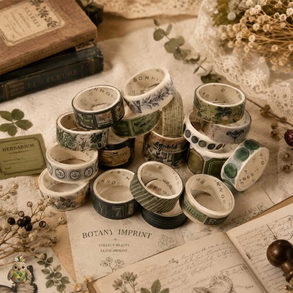 Set banda washi decorativa Botany Imprint – 18 role colectie botanica retro Set banda washi decorativa Botany Imprint – 18 role colectie botanica retro