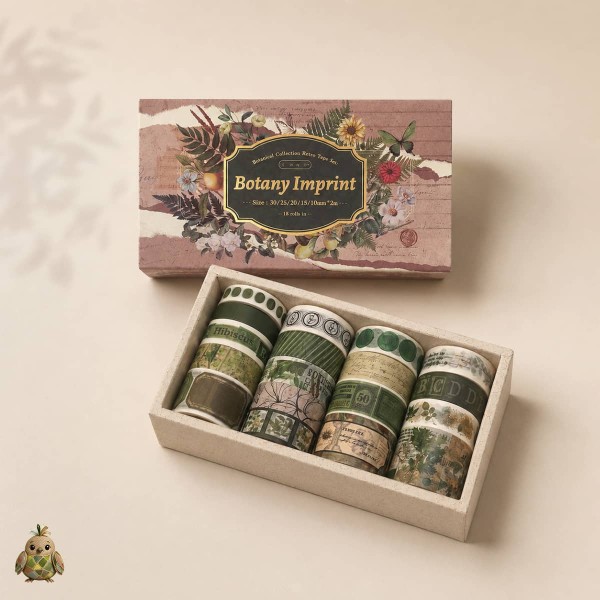 Set banda washi decorativa Botany Imprint – 18 role colectie botanica retro Set banda washi decorativa Botany Imprint – 18 role colectie botanica retro