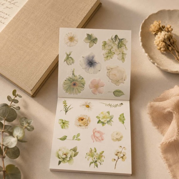 Carte cu stickere Blossom Season Green Vine Floral Language – flori verzi, PET si washi, aprox. 120 bucati Carte cu stickere Blossom Season Green Vine Floral Language – flori verzi, PET si washi, aprox. 120 bucati
