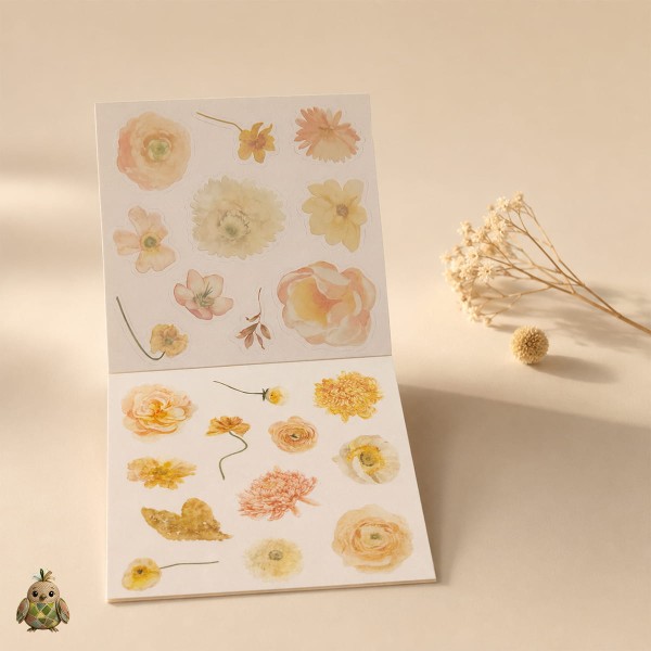 Carte cu stickere Blossom Season Warm Sun and Flowers – flori calde, PET si washi, aprox. 120 bucati Carte cu stickere Blossom Season Warm Sun and Flowers – flori calde, PET si washi, aprox. 120 bucati
