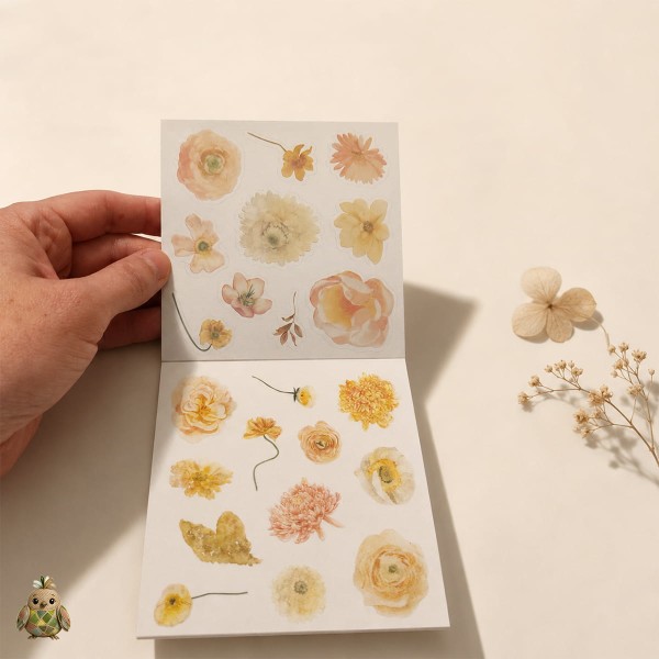 Carte cu stickere Blossom Season Warm Sun and Flowers – flori calde, PET si washi, aprox. 120 bucati Carte cu stickere Blossom Season Warm Sun and Flowers – flori calde, PET si washi, aprox. 120 bucati