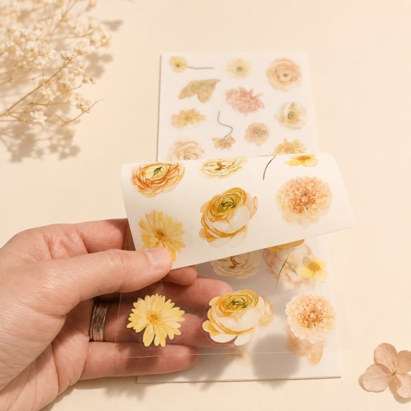 Carte cu stickere Blossom Season Warm Sun and Flowers – flori calde, PET si washi, aprox. 120 bucati Carte cu stickere Blossom Season Warm Sun and Flowers – flori calde, PET si washi, aprox. 120 bucati