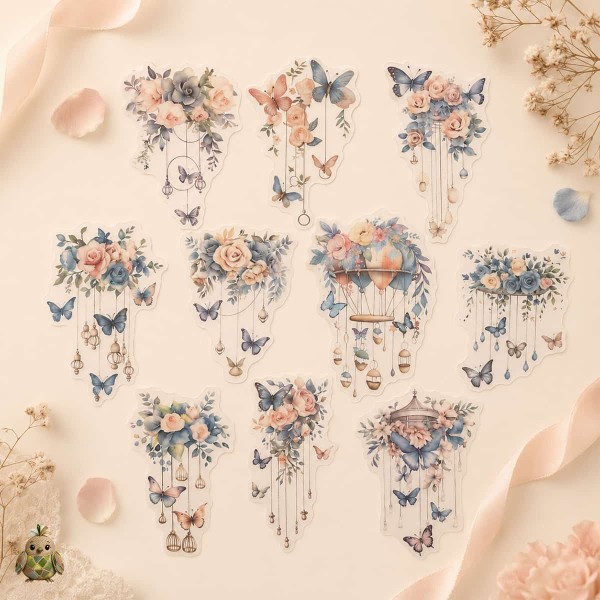 Set stickere PET Butterfly Listening to the Wind – fluturi si flori acuarela, 10 bucati Set stickere PET Butterfly Listening to the Wind – fluturi si flori acuarela, 10 bucati