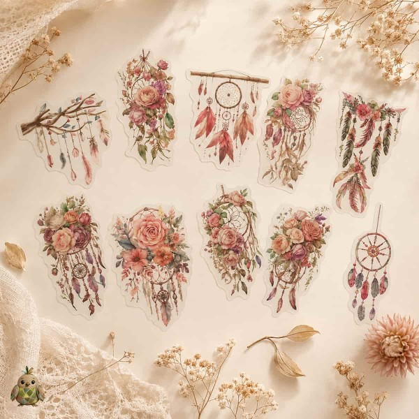 Set stickere PET Catching Dreams – flori roz si accente dreamcatcher, 10 bucati Set stickere PET Catching Dreams – flori roz si accente dreamcatcher, 10 bucati