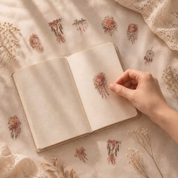 Set stickere PET Catching Dreams – flori roz si accente dreamcatcher, 10 bucati Set stickere PET Catching Dreams – flori roz si accente dreamcatcher, 10 bucati
