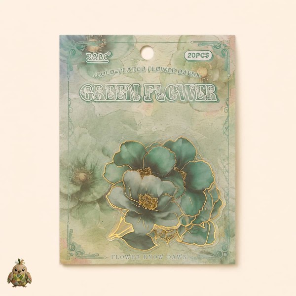 Set stickere PET Gold-Plated Flower Dawn Green Flower – flori verzi cu detalii aurii, 20 bucati Set stickere PET Gold-Plated Flower Dawn Green Flower – flori verzi cu detalii aurii, 20 bucati