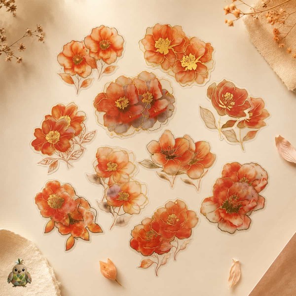 Set stickere PET Gold-Plated Flower Dawn Orange Core Gardenia – flori portocalii cu detalii aurii, 20 bucati