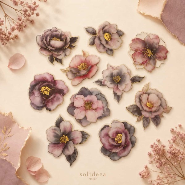 Set stickere PET Gold-Plated Flower Dawn Pink Mist Dream – 10 modele, flori roz-gri cu detalii aurii