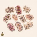 Set stickere PET Gold-Plated Flower Dawn Pink Mist Dream – flori roz-gri cu detalii aurii, 20 bucati