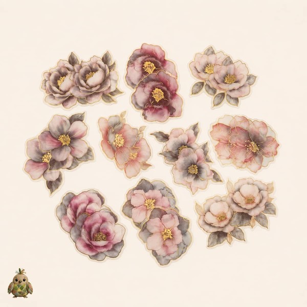 Set stickere PET Gold-Plated Flower Dawn Pink Mist Dream – flori roz-gri cu detalii aurii, 20 bucati