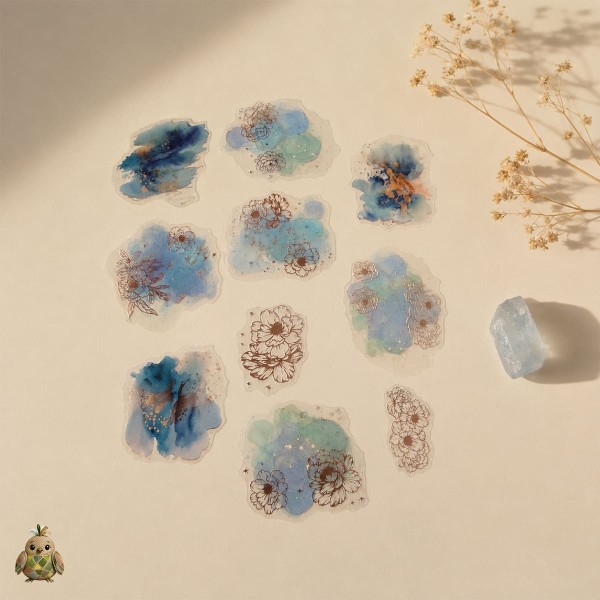 Set stickere PET Starry Flower Charm Sea Rhyme Paeoniae – flori albastre cu detalii rose-gold, 10 bucati Set stickere PET Starry Flower Charm Sea Rhyme Paeoniae – flori albastre cu detalii rose-gold, 10 bucati