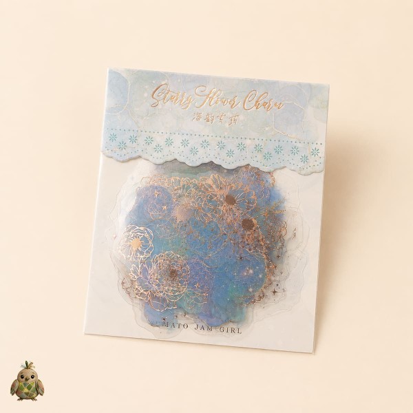 Set stickere PET Starry Flower Charm Sea Rhyme Paeoniae – flori albastre cu detalii rose-gold, 10 bucati Set stickere PET Starry Flower Charm Sea Rhyme Paeoniae – flori albastre cu detalii rose-gold, 10 bucati
