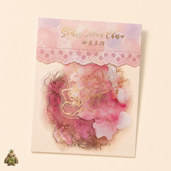 Set stickere PET Starry Flower Charm Sweet Starlight – flori roz cu detalii aurii, 10 bucati Set stickere PET Starry Flower Charm Sweet Starlight – flori roz cu detalii aurii, 10 bucati