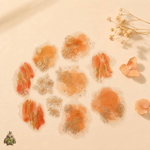 Set stickere PET Starry Flower Charm Warm Sun Dance – flori calde cu detalii rose-gold, 10 bucati Set stickere PET Starry Flower Charm Warm Sun Dance – flori calde cu detalii rose-gold, 10 bucati