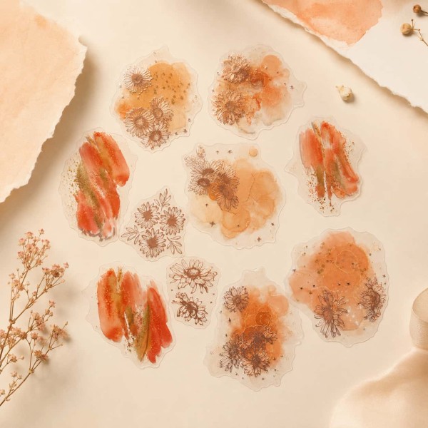 Set stickere PET Starry Flower Charm Warm Sun Dance – flori calde cu detalii rose-gold, 10 bucati Set stickere PET Starry Flower Charm Warm Sun Dance – flori calde cu detalii rose-gold, 10 bucati