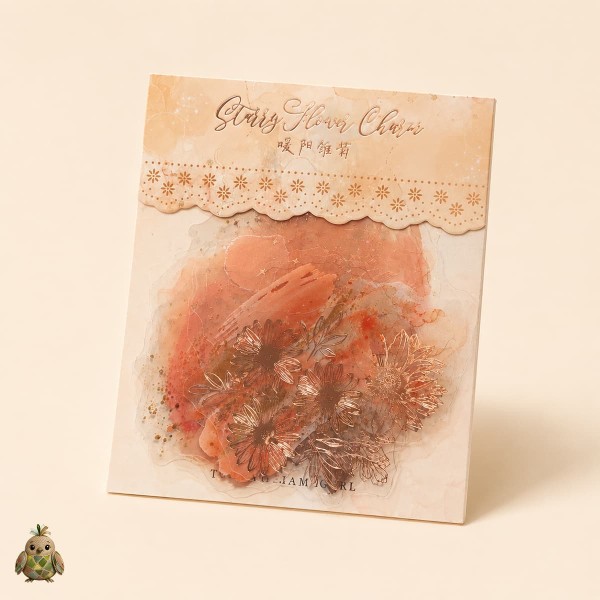 Set stickere PET Starry Flower Charm Warm Sun Dance – flori calde cu detalii rose-gold, 10 bucati Set stickere PET Starry Flower Charm Warm Sun Dance – flori calde cu detalii rose-gold, 10 bucati