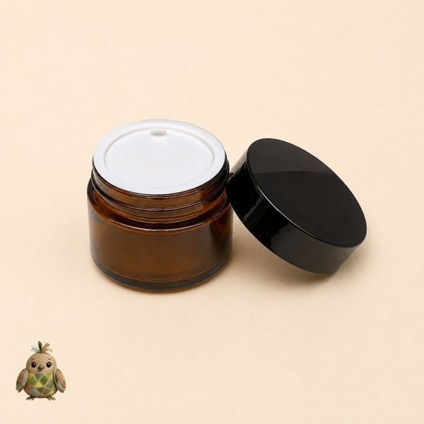 Borcan din sticla ambra 50 ml cu capac negru si disc de protectie