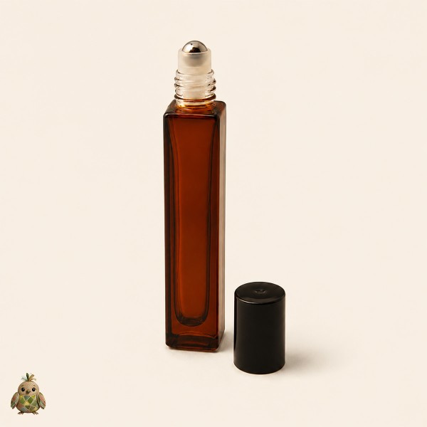 Sticla roll-on ambra patrata 10 ml cu bila metalica si capac negru
