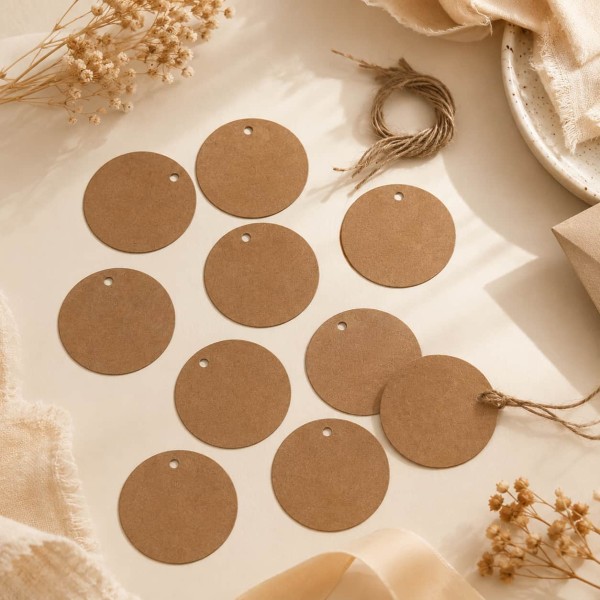 Etichete kraft rotunde cu snur de iuta, set 10 bucati Etichete kraft rotunde cu snur de iuta, set 10 bucati