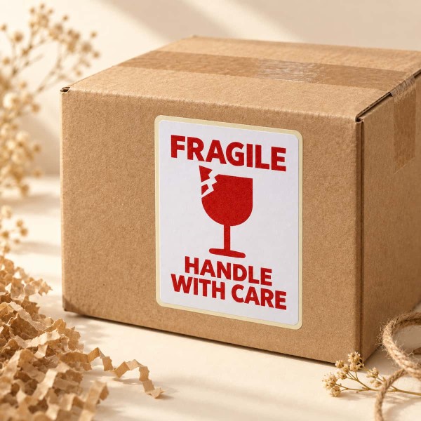 Sticker de avertizare FRAGILE – Handle With Care, rosu pe alb