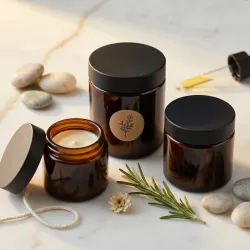 Amber Glass Cosmetic Jars - Matte Black Lid