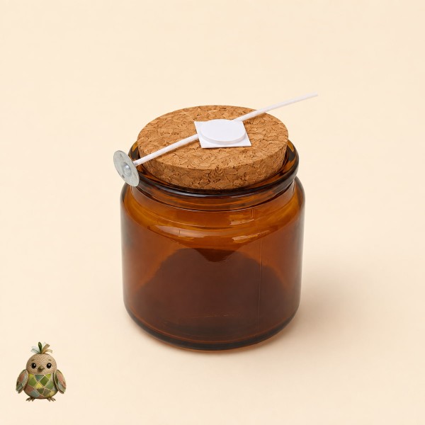 Set borcan ambra tip apotecar 200 ml pentru lumanare, cu capac din pluta, fitil 10 cm si autocolant dublu adeziv
